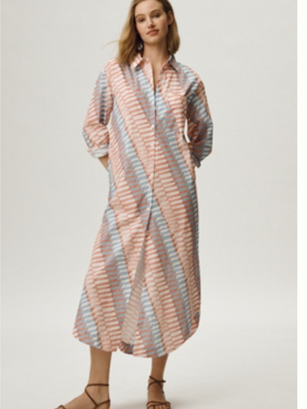 Maeve Striped Button-Down Midi Dress in Pink and Light Blue